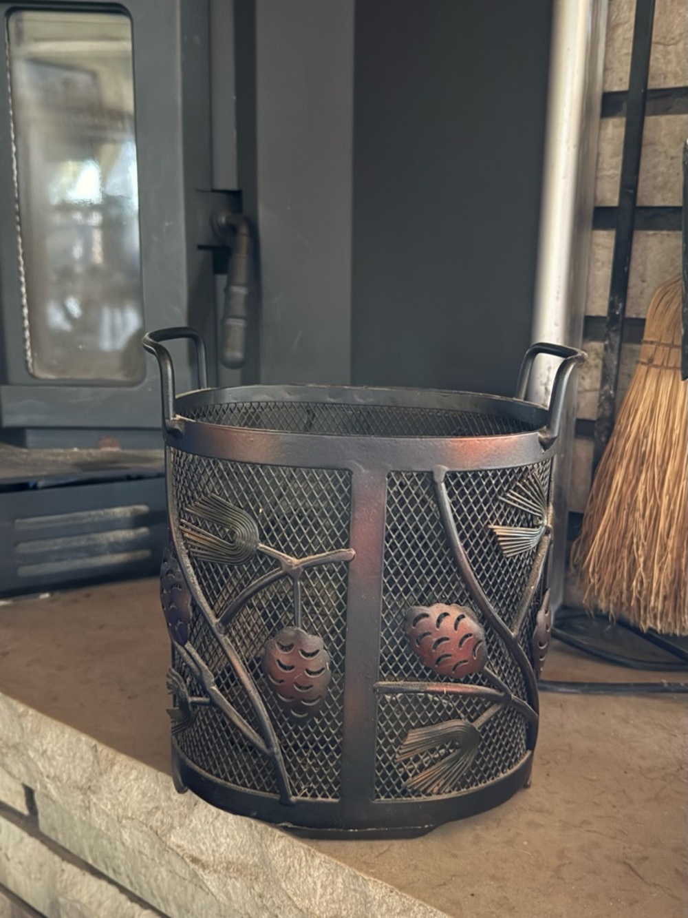 Plow And Heart Decorative Black Metal Pinecone Fireplace Log Holder